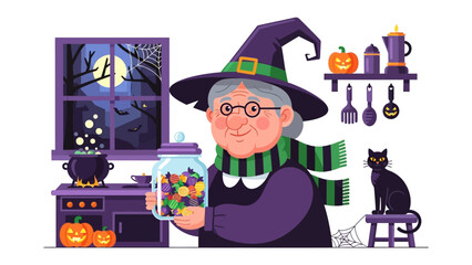 Witch in her Magical Kitchen: An illustrative peek into a witch's charming kitchen filled with enchantment, featuring her holding a jar of colorful candy and surrounded by festive Halloween decor. 