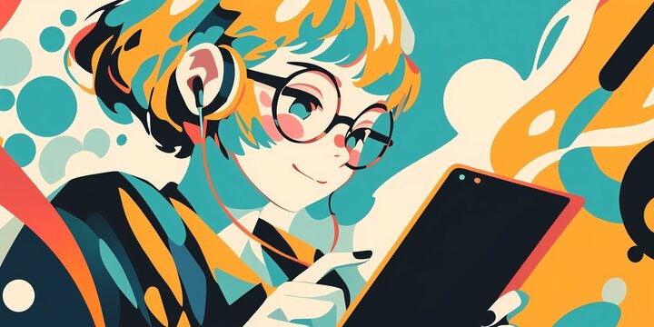 タブレットで学習する若い女性のイラスト（eラーニング、オンライン講座、ベクター）