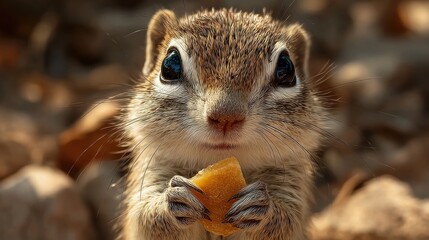 Fototapeta premium A charming little rodent with expressive eyes delicately holds a piece of fruit in its tiny paws, creating an adorable and heartwarming moment in nature's embrace.