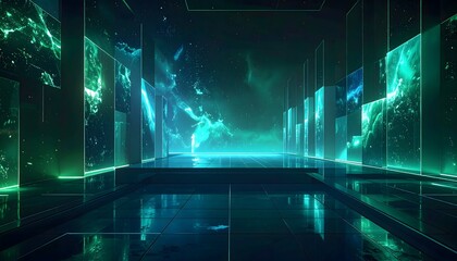 Futuristic, glowing, teal and emerald green, digital space corridor