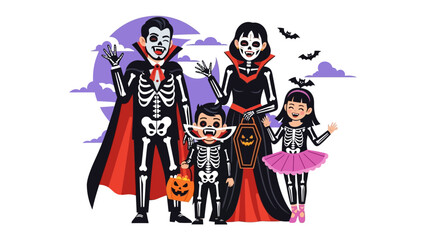 Halloween Family in Costume: A family, dressed in spooky attire, poses in front of a backdrop featuring bats and a moon, exuding Halloween spirit and celebrating the joy of the season. 