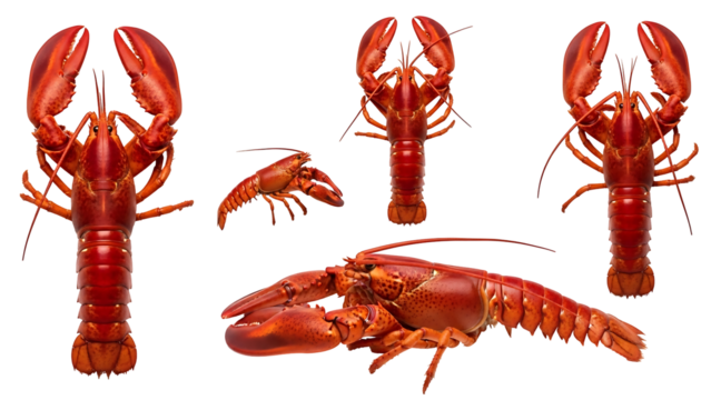 Multiple whole red lobsters in various poses against a black background