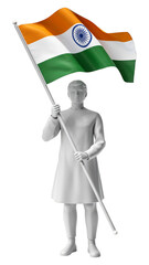 White 3D Figure Holding Indian Flag on Transparent Background, 3D Realism Design Element