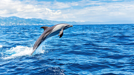 Fototapeta premium Dolphin leaps gracefully above ocean surface, showcasing its agility and playfulness against backdrop of blue waters and distant mountains