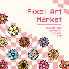 Pixel art square banner flowers