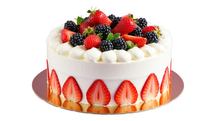White Cream Cake with Strawberries on Transparent Background, Glossy Cake Design Element