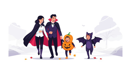 Halloween Family: A family dressed in festive costumes enjoys a joyful stroll. The parents lead the way, cloaked and ready for spooky fun.
