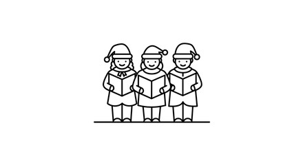 Three children singing Christmas carols in winter outfits and hats  