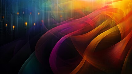 Colorful, abstract painting with a purple and orange swirl. The painting is full of light and energy, with a sense of movement and flow