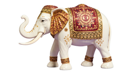 White Elephant with Gold Decorations, Transparent Background, Ornate Ceramic Illustration