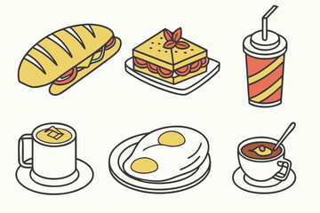 A vector illustration set of fast food icons for breakfast and lunch including pizza, hamburger, sandwich, cake, and dessert