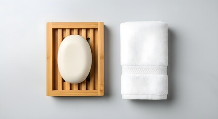 Clean white bath towel and bar soap in a bamboo soap dish on a gray background; simple spa and bathroom hygiene concept.
