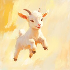 A cheerful young goat leaps joyfully against a vibrant yellow backdrop, embodying carefree energy. This lively illustration captures the essence of playfulness and fun.