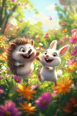 Cartoon of a rabbit and a hedgehog playing in a field of flowers. The rabbit is jumping and the hedgehog is smiling