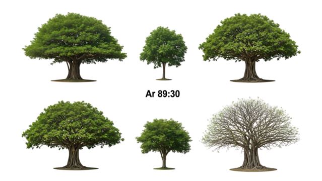 Six diverse trees, varying in size and foliage, displayed against a dark background