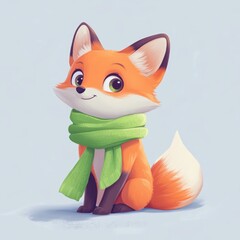 This adorable cartoon fox character features vibrant orange fur and a stylish green scarf, exuding charm and playfulness in a whimsical, isolated background.