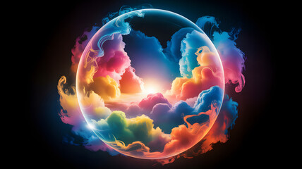 A vibrant sphere filled with colorful clouds against a dark background creating a dreamy atmosphere abstract wallpaper