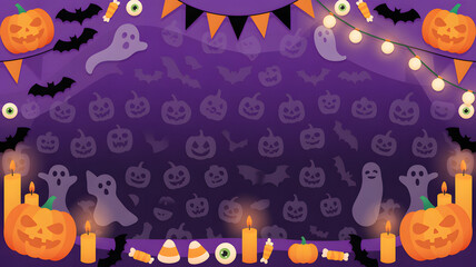 A halloween themed background with pumpkins, ghosts, bats, candles and halloween decorations abstract wallpaper