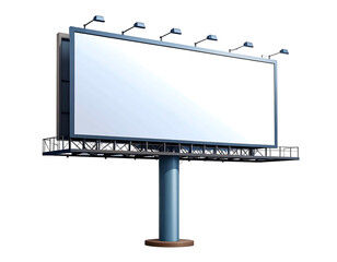 A large, blank billboard with six lights atop a sturdy, single-pole structure against a black background