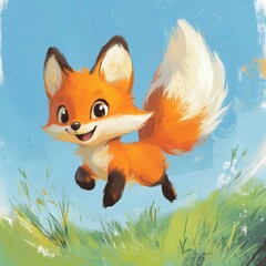 This adorable cartoon fox features bright orange fur and a cheerful expression, capturing the essence of playfulness amidst a sunny nature backdrop.