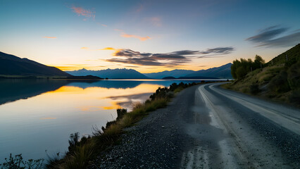 A serene landscape at sunset, featuring a winding gravel road that leads the eye towards a calm lake.
