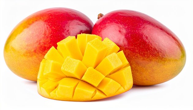 Whole and sliced mangoes with reddish-yellow skin and vibrant golden cubes arranged on white background for editorial food photography tropical fruit styling and poetic freshness-themed visuals