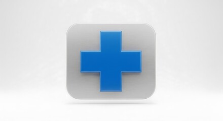 Fototapeta premium A bright blue medical cross emblem presented on a clean, white, soft-focus background, symbolizing healthcare and assistance
