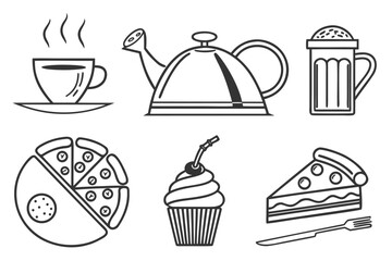 A set of food and drink icons, including illustrations of coffee, cake, burgers, and other restaurant and kitchen symbols