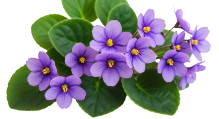 Blooming african violet plant isolated on transparent background, displaying its lush green leaves and vibrant purple flowers