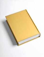 A mustard-yellow hardback book, closed, lies flat on a white surface