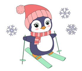 Fototapeta premium Cute baby penguin on skis, baby animal in red hat and scarf, winter activity, flat illustration for kids