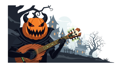 Halloween Melody: A whimsical jack-o'-lantern figure strums a playful melody, set against a backdrop of a spooky haunted village, embodying the festive spirit of Halloween. 