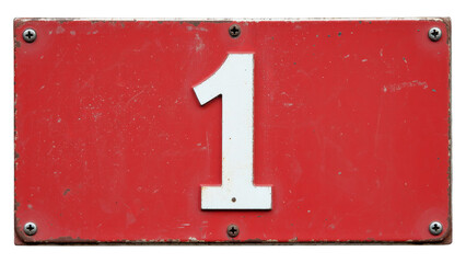 White Number One on Crimson Metal Plate with Transparent Background, Vintage Industrial Design Element