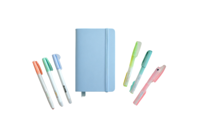 Blue Notebook with Colorful Pens and Highlighters on white Background – Stationery Flat Lay