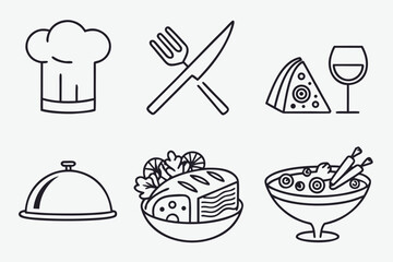A vector set of diverse cooking, restaurant, and food icons with silhouettes of utensils, dishes, and chef symbols