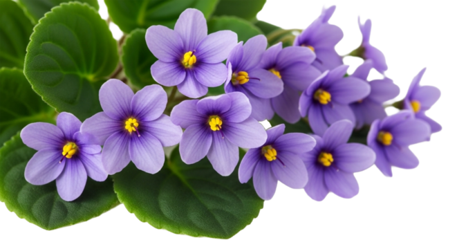 Closeup of a beautiful african violet with purple petals and yellow centers isolated on transparent background
