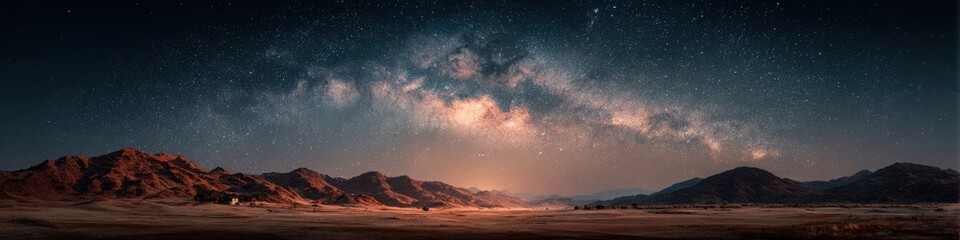 Naklejka premium The ethereal Milky Way galaxy illuminates the night sky above a rugged mountain landscape, creating a breathtaking vista of cosmic proportions for stargazers.
