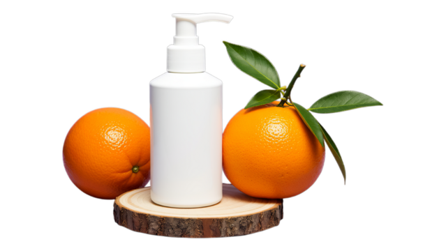 White blank cosmetic pump bottle with fresh oranges and wood slice, emphasizing natural vitamin C skincare, isolated on transparent background