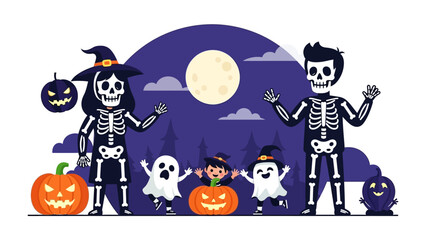 Halloween Gathering: A festive Halloween scene depicting a whimsical gathering, including spooky skeleton figures, animated pumpkins, and playful ghosts under the full moon. 