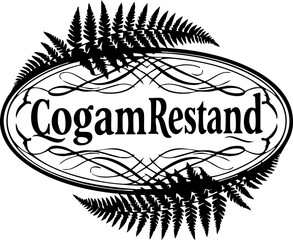 Elegant botanical oval logo featuring delicate fern fronds framing 