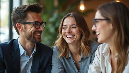 Three people laugh at the meeting. Two women and man in glasses look cheerful, smiling. Business team brainstorms, shares ideas, enjoy friendly communication at workplace.