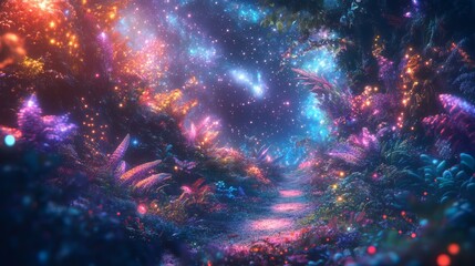 A mesmerizing pathway leads through a vibrant fantasy forest, illuminated by ethereal lights and stars. This enchanting scene evokes wonder and tranquility in nature.
