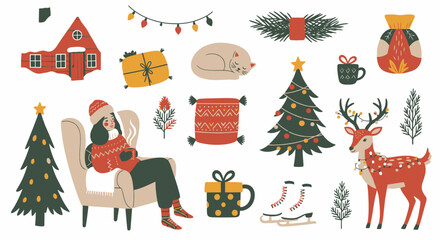 A cozy illustration featuring a woman relaxing in a chair surrounded by Christmas-themed elements like a tree, gifts, a sleeping cat, and a reindeer.
