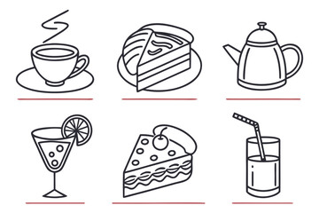 A vintage food and drink icon set with cartoon illustrations of coffee, tea, and cake for a cafe or restaurant design