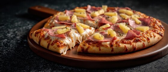The Pizza on Wooden Board with Melted Cheese Ham and Pineapple Slices