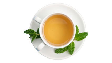 White Tea Cup with Mint Leaves on Transparent Background, Minimalist Graphic for Web Design