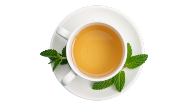 White Tea Cup with Mint Leaves on Transparent Background, Minimalist Graphic for Web Design