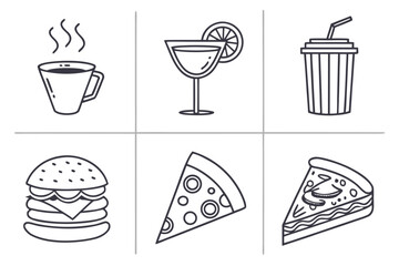 A vibrant vector illustration set of fast food and dessert icons, including a burger, coffee, and cupcake, perfect for any restaurant or bakery collection