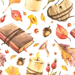 Seamless autumn pattern featuring books, candles, leaves, and cozy fall elements, hand-painted watercolor illustration suitable for fabric, gift wrapping, stationery, and seasonal decoration.