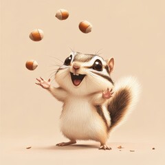 A cheerful chipmunk joyfully juggling acorns, showcasing a playful and fun character. This adorable image exudes happiness and whimsy, perfect for various creative projects.